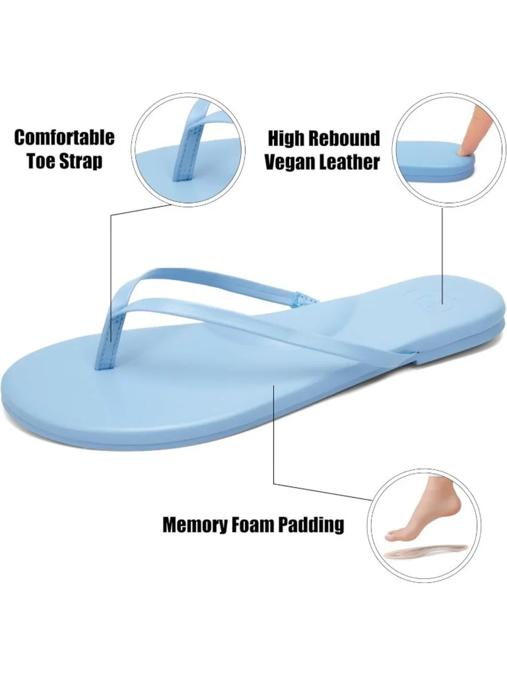 Women's Blue Faux Leather Summer  Memory Foam Thong Beach Slide Flats Sandals